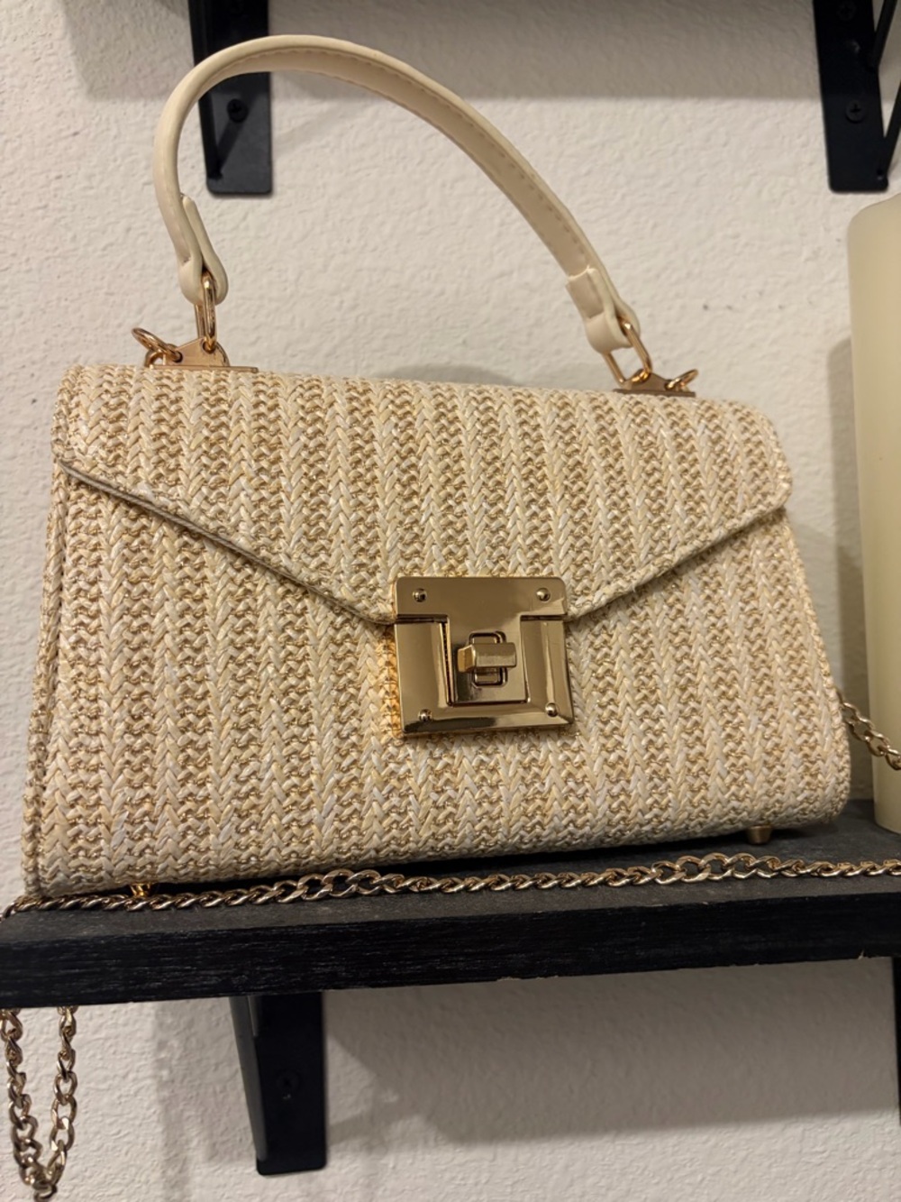 Cream Woven Top-Handle Shoulder Bag with Gold Hardware